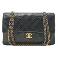 CHANEL Chain Shoulder Bag Matelasse Double Flap 25cm Lambskin Black Gold-Tone Hardware, Pre-Owned