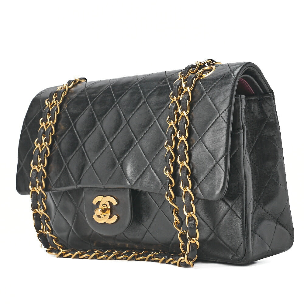CHANEL Chain Shoulder Bag Matelasse Double Flap 25cm Lambskin Black Gold-Tone Hardware, Pre-Owned
