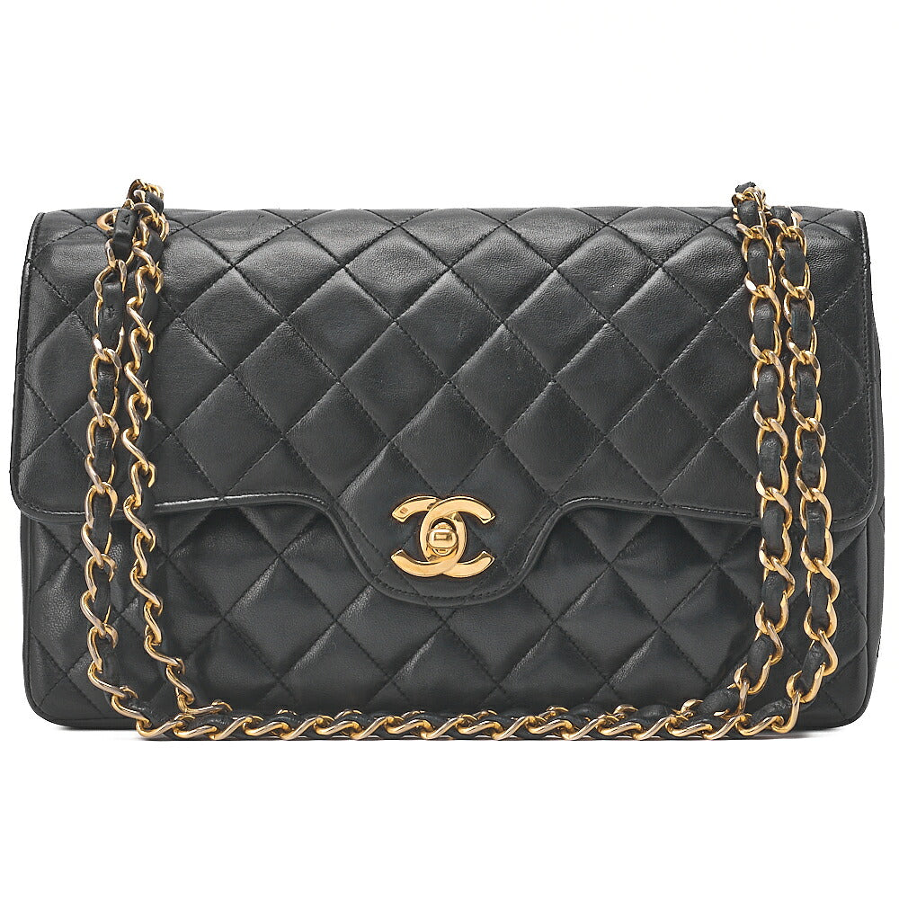 CHANEL Chain Shoulder Bag Matelasse Double Flap 25cm Lambskin Black Gold-Tone Hardware, Pre-Owned