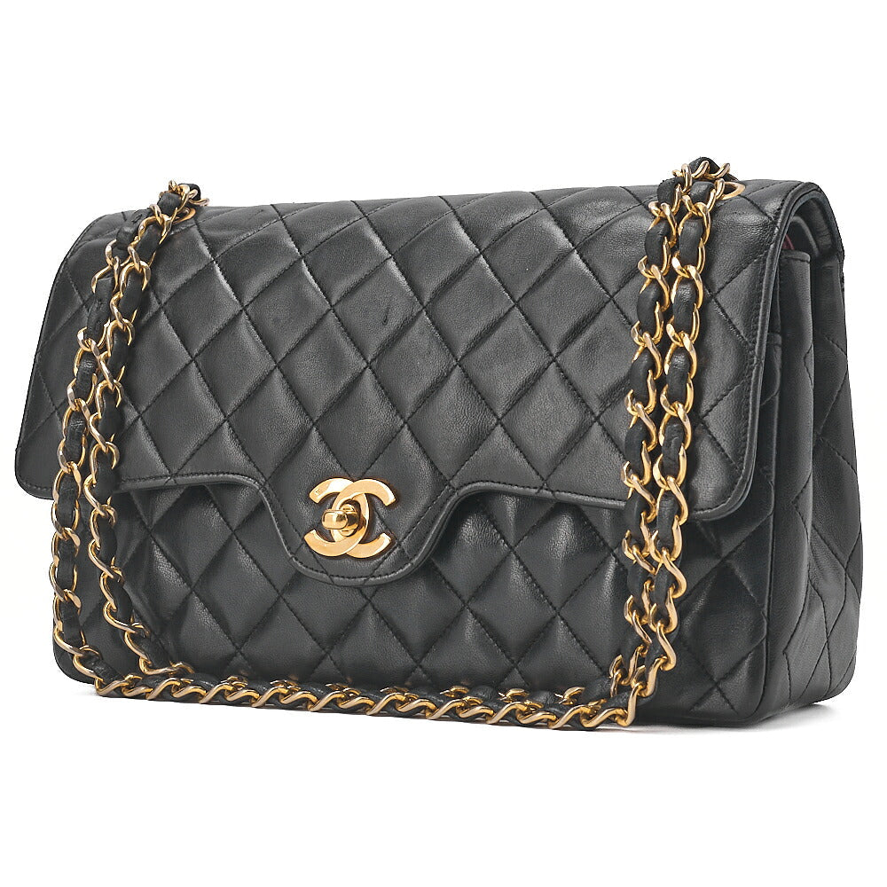 CHANEL Chain Shoulder Bag Matelasse Double Flap 25cm Lambskin Black Gold-Tone Hardware, Pre-Owned