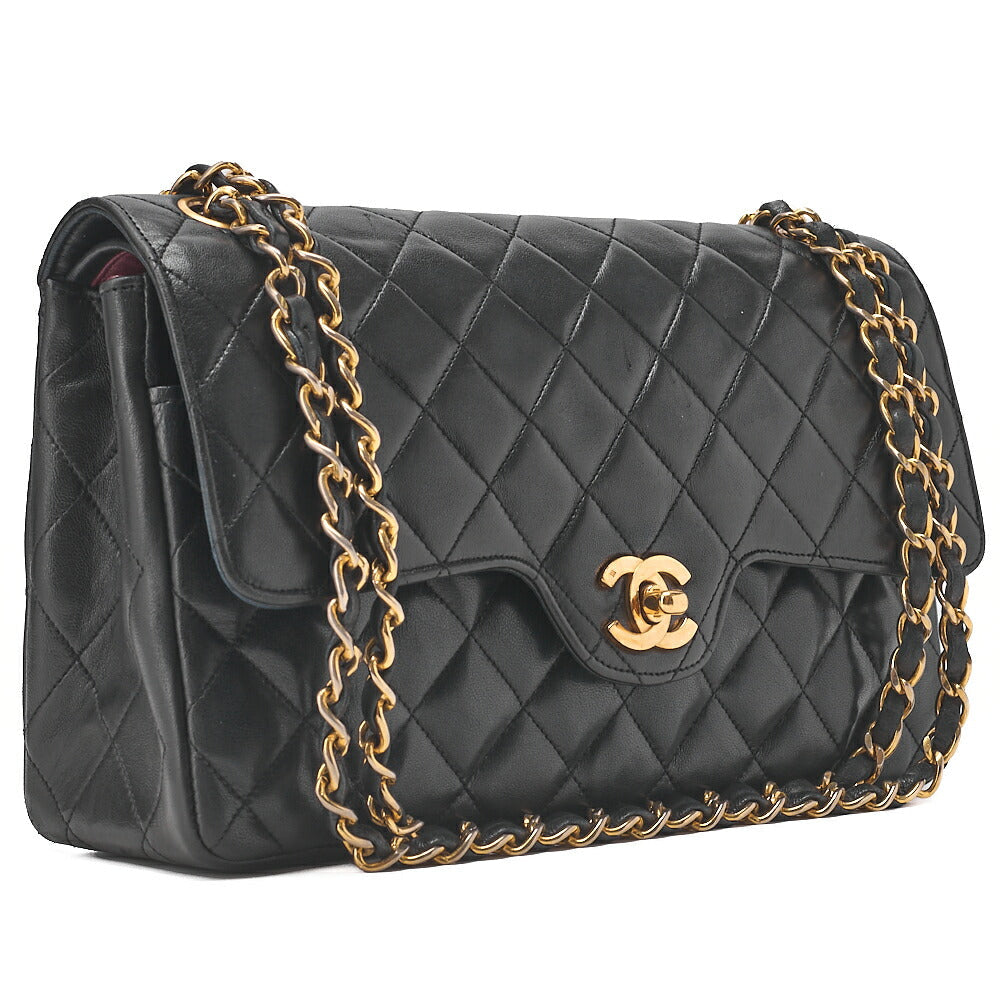 CHANEL Chain Shoulder Bag Matelasse Double Flap 25cm Lambskin Black Gold-Tone Hardware, Pre-Owned