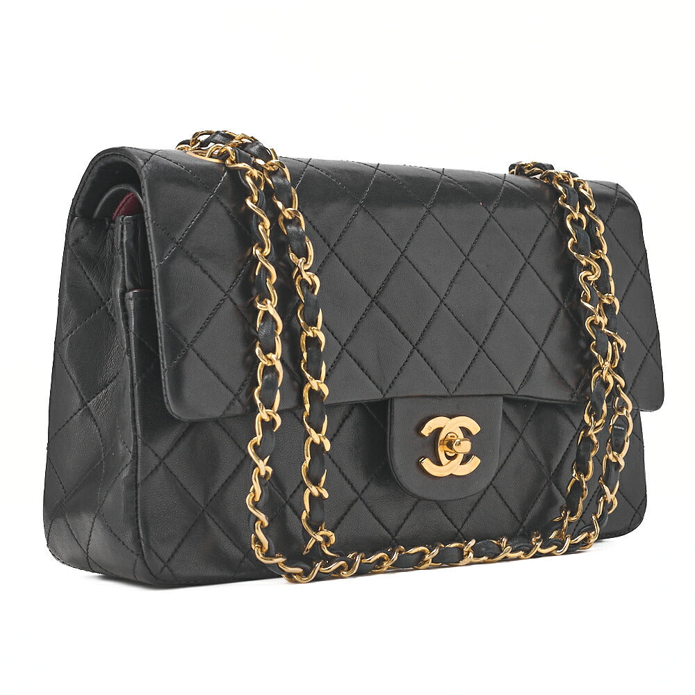 CHANEL Chain Shoulder Bag Matelasse Double Flap 25cm Lambskin Black Gold-Tone Hardware, Pre-Owned