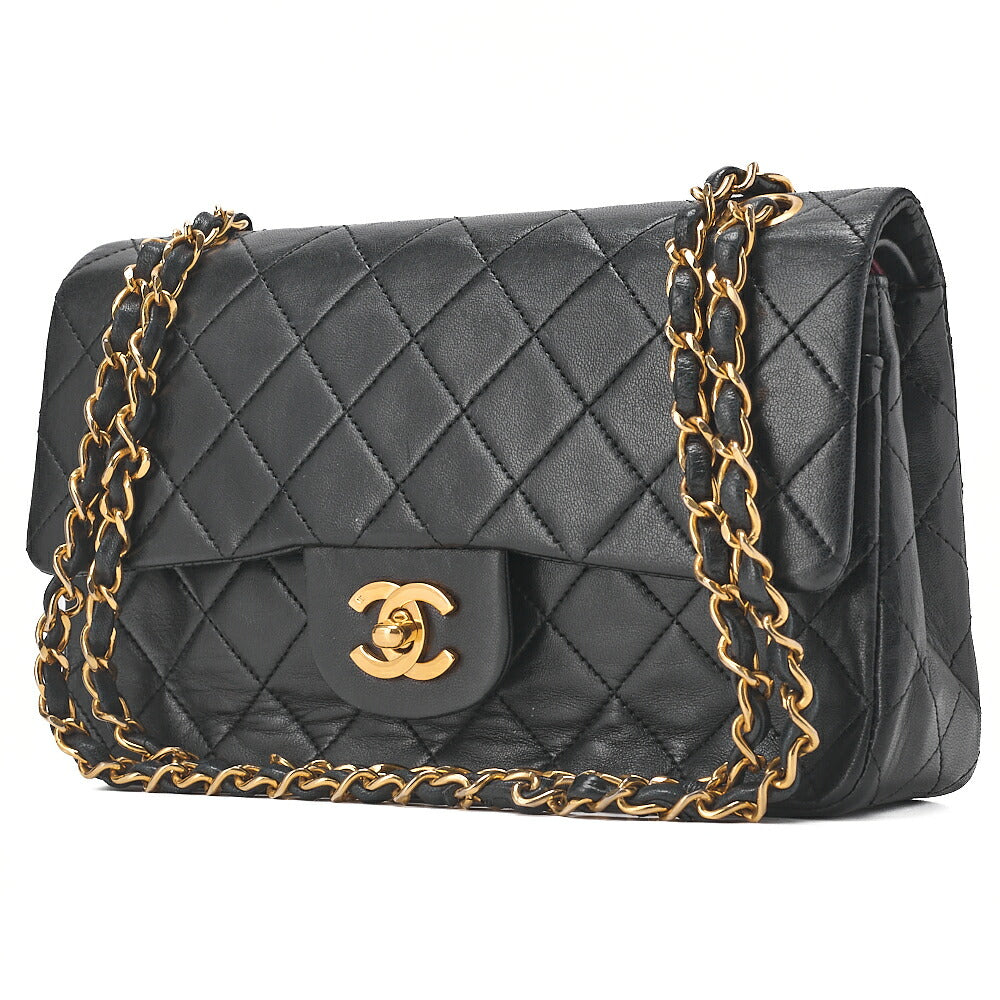 CHANEL Chain Shoulder Bag Matelasse Double Flap 23cm Lambskin Black Gold-Tone Hardware, Pre-Owned