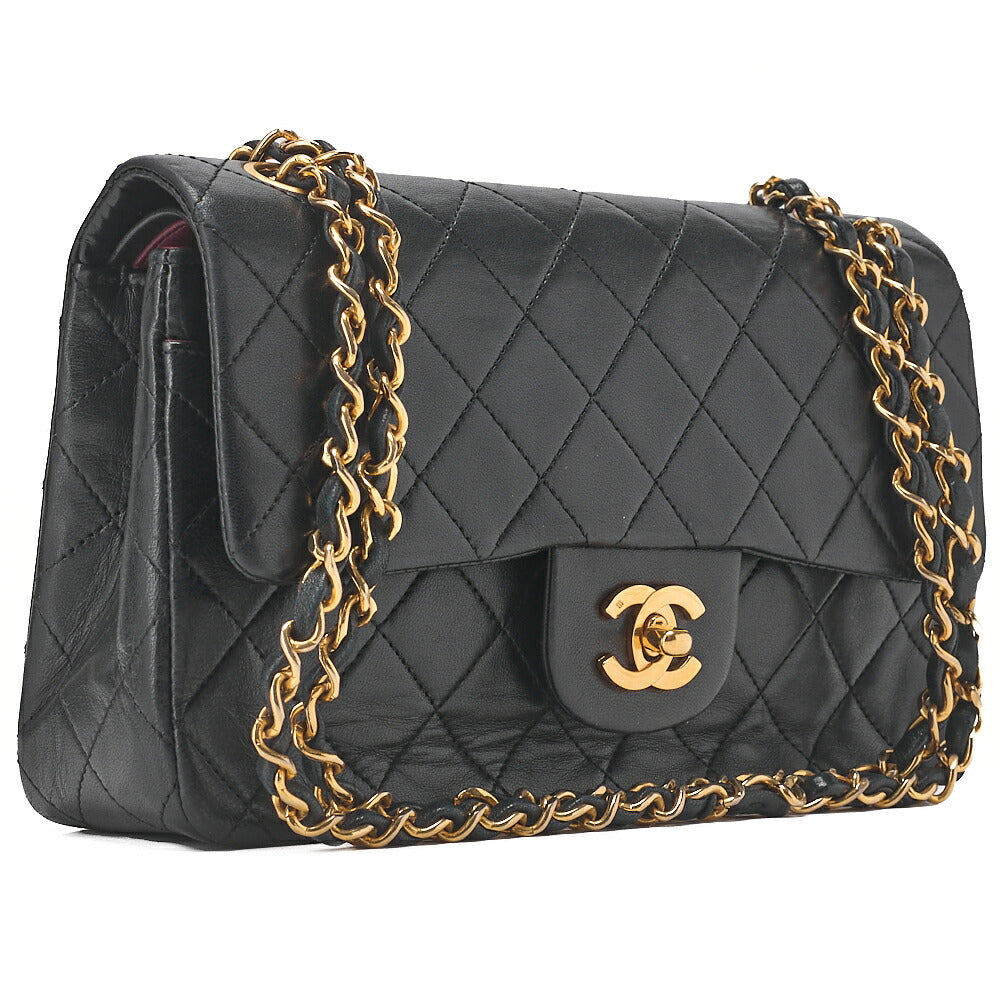 CHANEL Chain Shoulder Bag Matelasse Double Flap 23cm Lambskin Black Gold-Tone Hardware, Pre-Owned