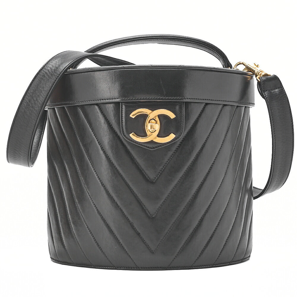 CHANEL Lambskin Chevron Bicolore 2way Vanity Shoulder Black Gold-Tone Hardware, Pre-Owned