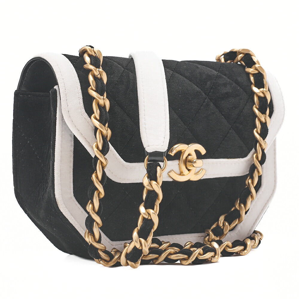 CHANEL Velor Mini Matelasse 20cm Baikara Chain Shoulder Black X White G Metal Fittings Random Plate Gold-Tone Hardware, Pre-Owned