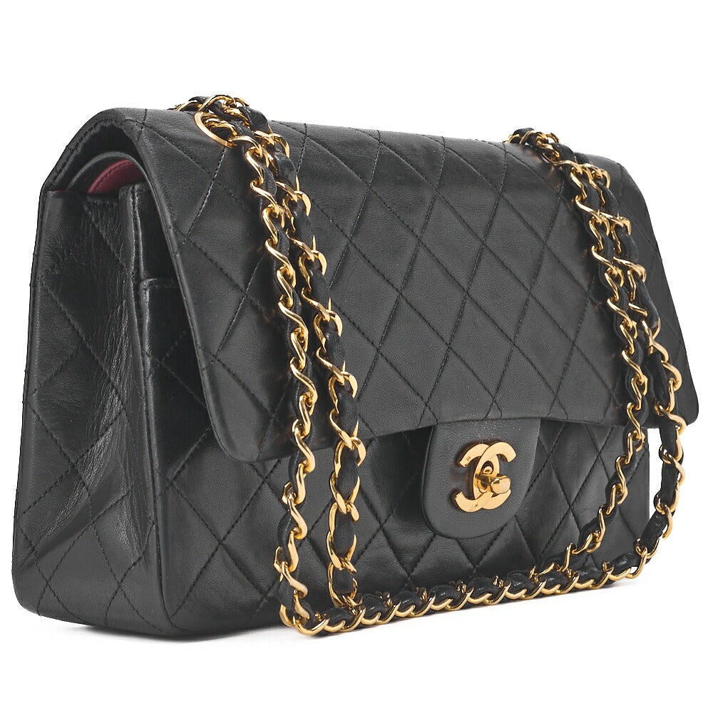 CHANEL Chain Shoulder Bag Matelasse Double Flap 25cm Lambskin Black Gold-Tone Hardware, Pre-Owned