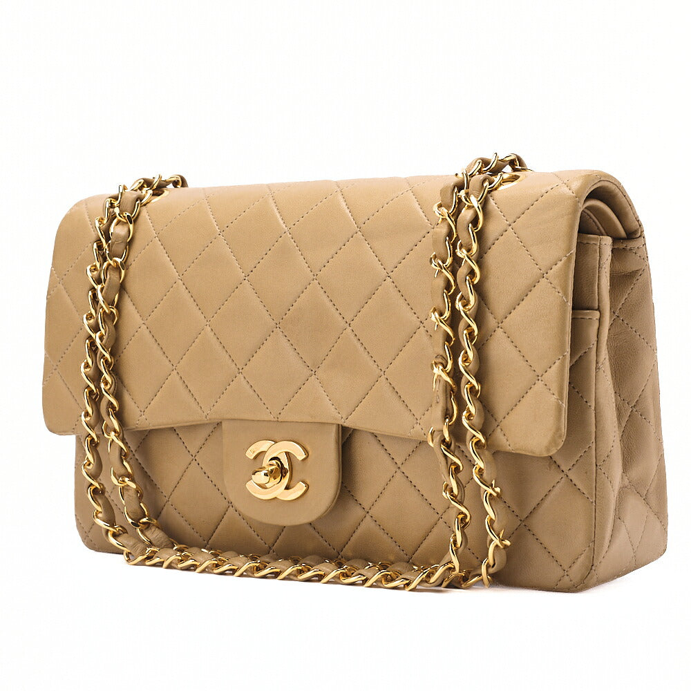 CHANEL Lambskin Matelasse 25cm W Flap Chain Shoulder Beige Gold-Tone Hardware, Pre-Owned