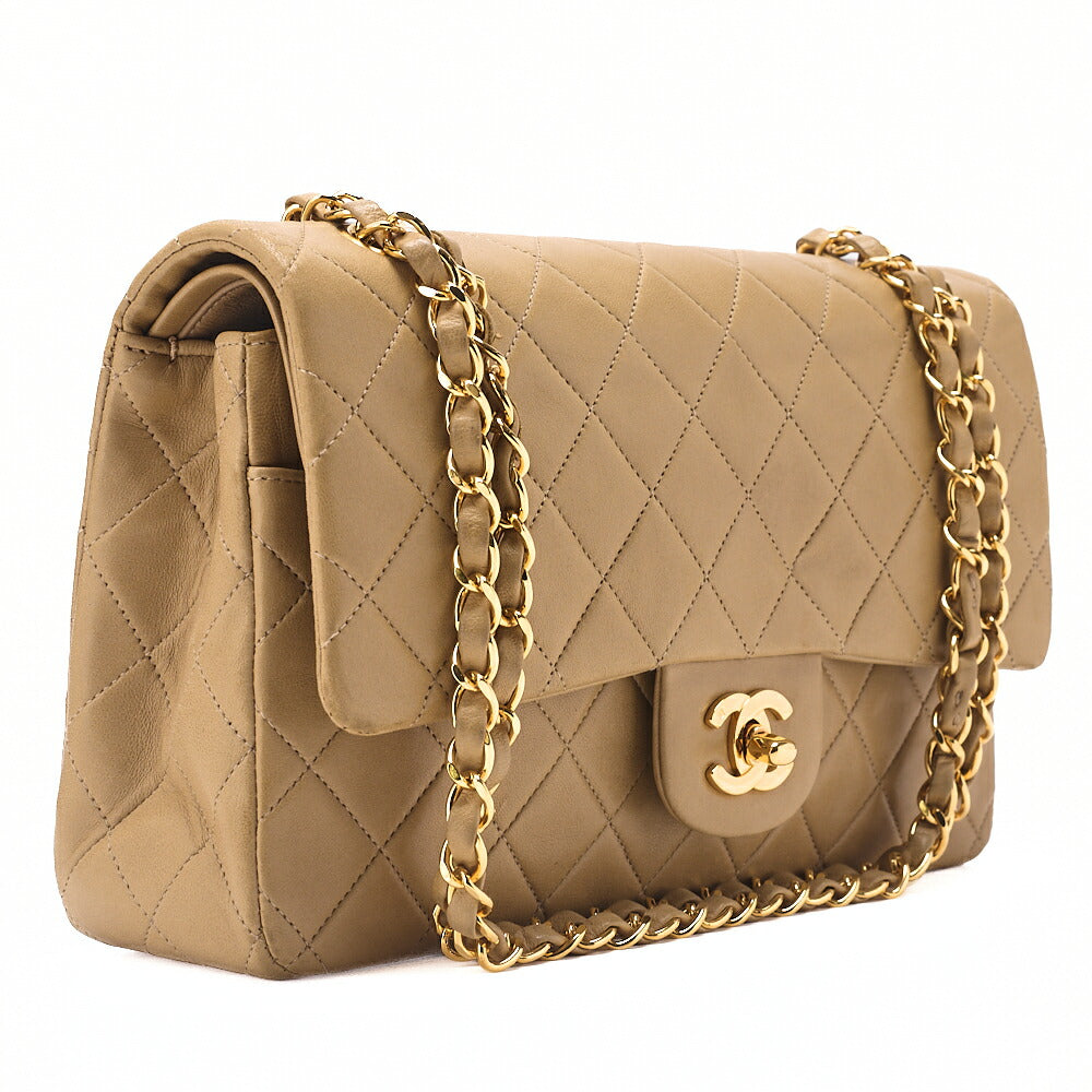 CHANEL Lambskin Matelasse 25cm W Flap Chain Shoulder Beige Gold-Tone Hardware, Pre-Owned