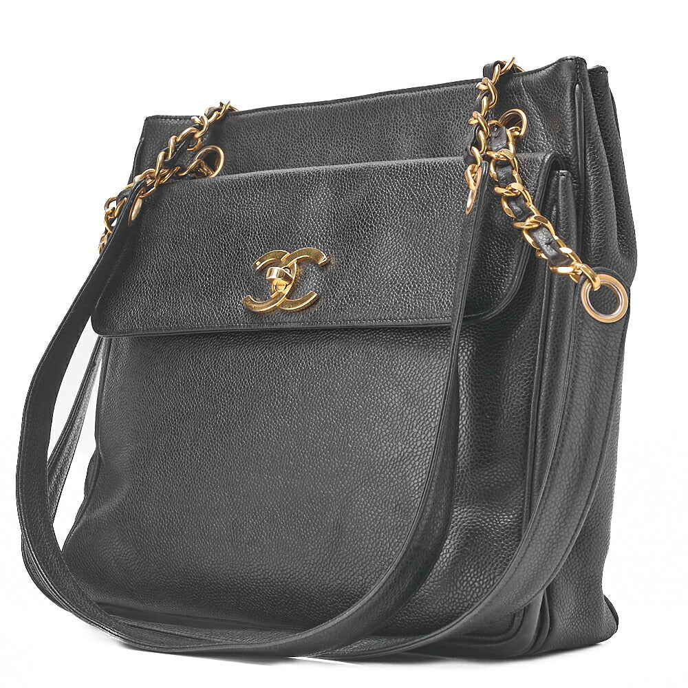 CHANEL Caviar Skin Outside Flap Chain Tote Black Gold-Tone Hardware, Pre-Owned