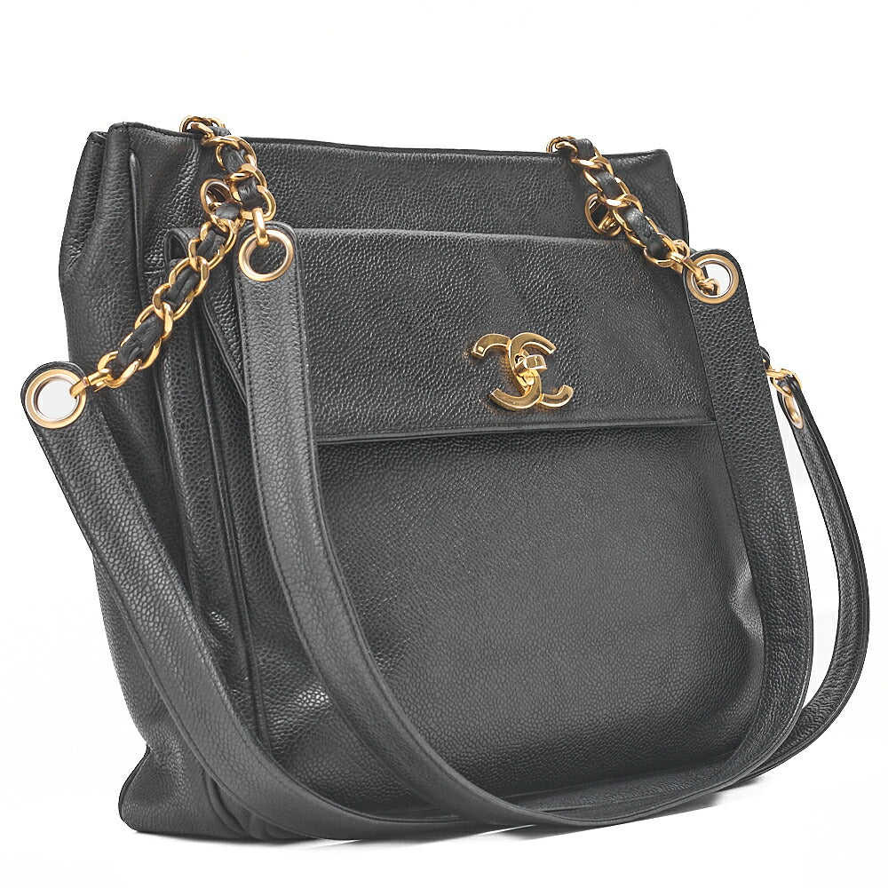 CHANEL Caviar Skin Outside Flap Chain Tote Black Gold-Tone Hardware, Pre-Owned