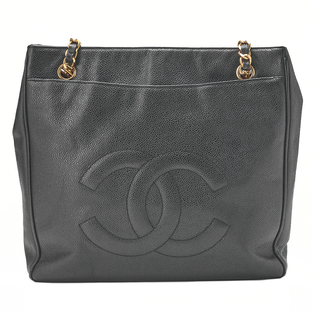 CHANEL Caviar Skin Outside Flap Chain Tote Black Gold-Tone Hardware, Pre-Owned