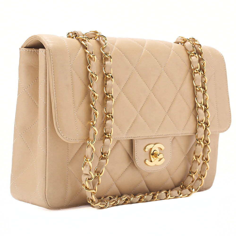 CHANEL Lambskin Matelasse 25cm Straight Flap Turnlock Chain Shoulder BeigeGold-Tone Hardware, Pre-Owned