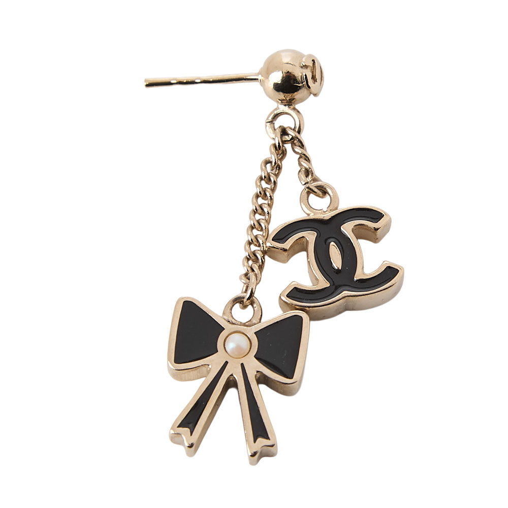 CHANEL Cocomark Ribbon Earrings GP  X Faux Pearl Gold-Tone Hardware, Pre-Owned