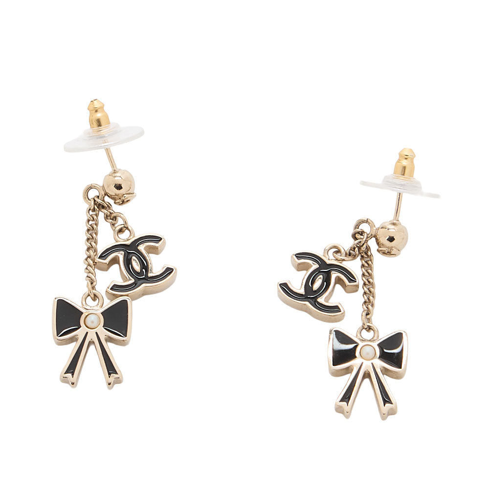 CHANEL Cocomark Ribbon Earrings GP  X Faux Pearl Gold-Tone Hardware, Pre-Owned