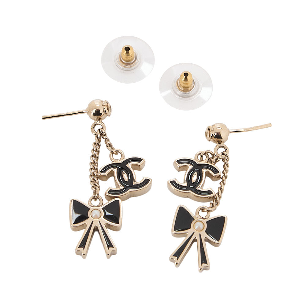 CHANEL Cocomark Ribbon Earrings GP  X Faux Pearl Gold-Tone Hardware, Pre-Owned