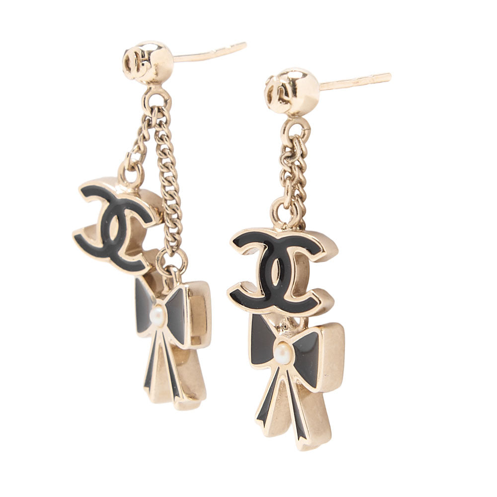 CHANEL Cocomark Ribbon Earrings GP  X Faux Pearl Gold-Tone Hardware, Pre-Owned