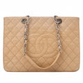 CHANEL Tote Bag Matelasse Caviar Skin Cocomark GST Double Chain Tote Beige Silver-Tone Hardware, Pre-Owned