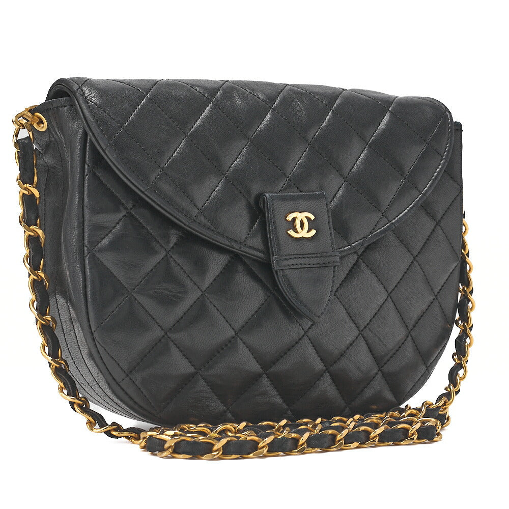 CHANEL Lambskin Matelasse Half Moon Push Lock Chain Shoulder Black Gold-Tone Hardware, Pre-Owned