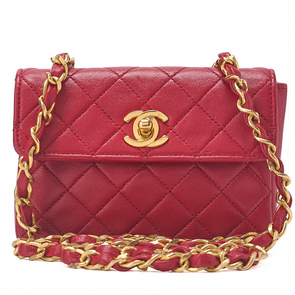 CHANEL Lambskin Mini Matelasse 14cm Turnlock Chain Shoulder Red Gold-Tone Hardware, Pre-Owned