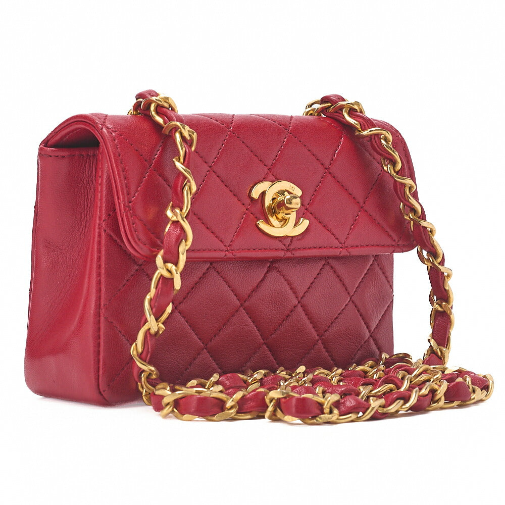 CHANEL Lambskin Mini Matelasse 14cm Turnlock Chain Shoulder Red Gold-Tone Hardware, Pre-Owned