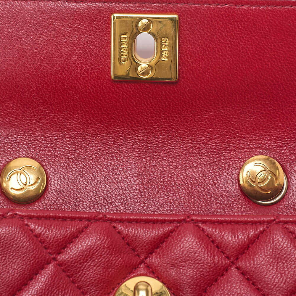 CHANEL Lambskin Mini Matelasse 14cm Turnlock Chain Shoulder Red Gold-Tone Hardware, Pre-Owned