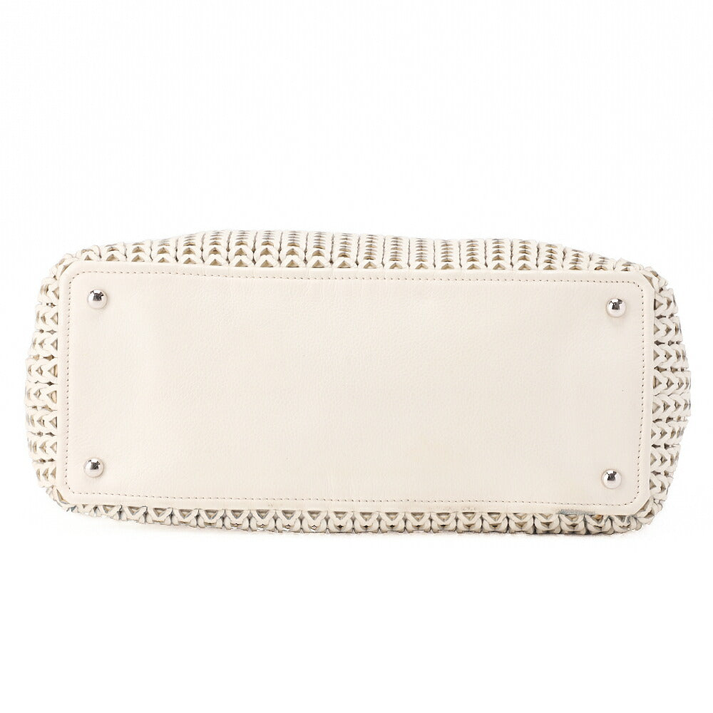 CHANEL Caviar Skin Shoulder Bag Braided Chain Tote Leather Coco Charm White Silver-Tone Hardware, Pre-Owned