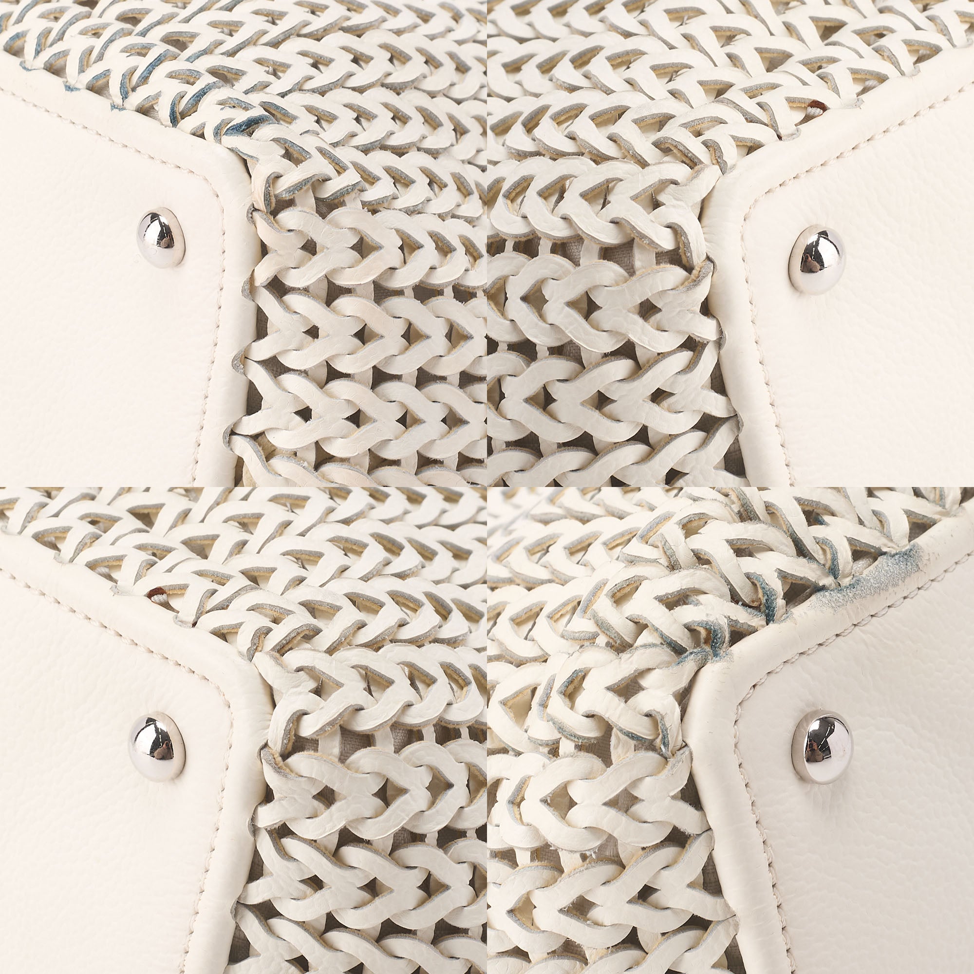 CHANEL Caviar Skin Shoulder Bag Braided Chain Tote Leather Coco Charm White Silver-Tone Hardware, Pre-Owned