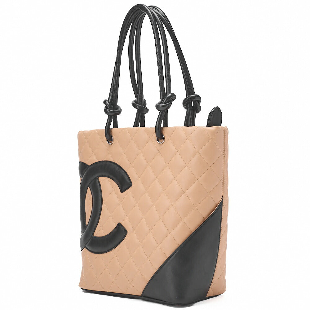 CHANEL Cambon Line Matelasse Calf Leather Beige X Black Tote Bag (Silver Fittings) Women's [Used] [Free Shipping]