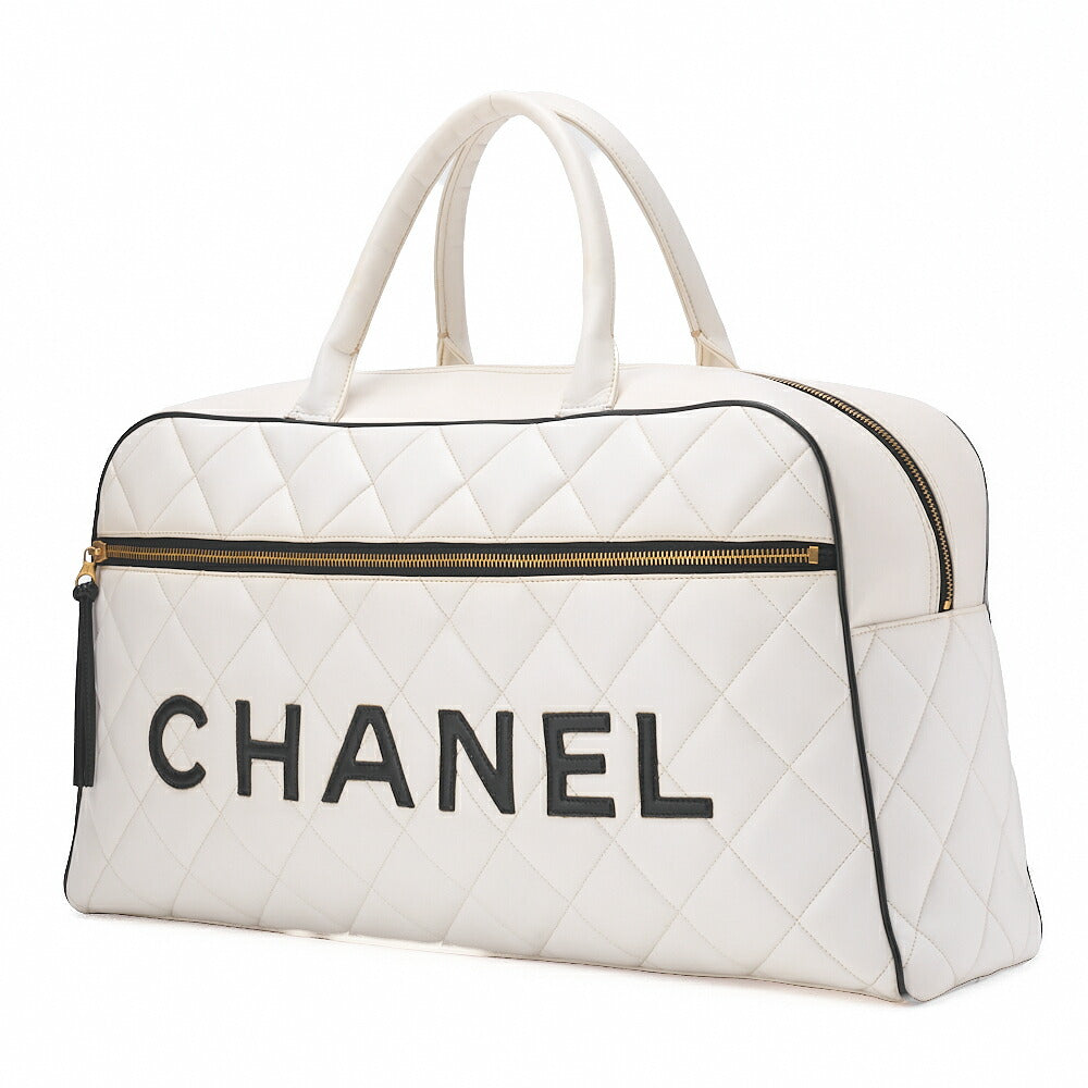 CHANEL Handbag Boston Bag Calfskin Matlasse Sportline Logo White X Black Gold-Tone Hardware, Pre-Owned