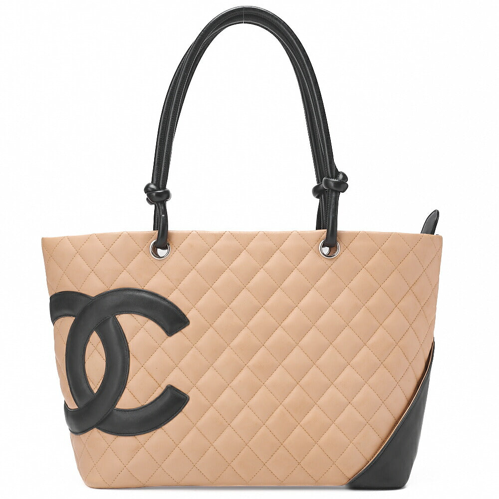 CHANEL Cambon Line Calf Leather Cambon Line Large Beige X Black Tote Bag (Silver Fittings) Women's [Used] [Free Shipping]