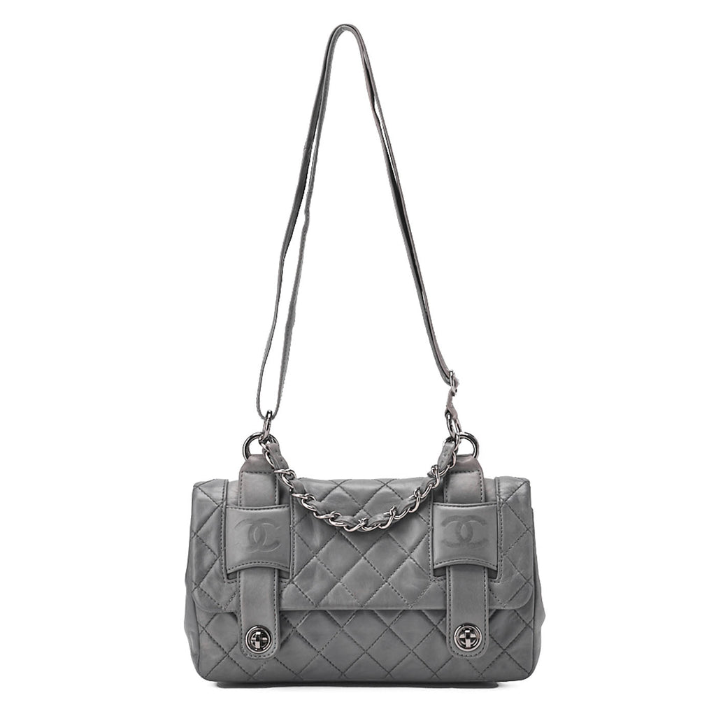 CHANEL Lambskin Matelasse Double Lock Shoulder Bag Grey Silver-Tone Hardware, Pre-Owned