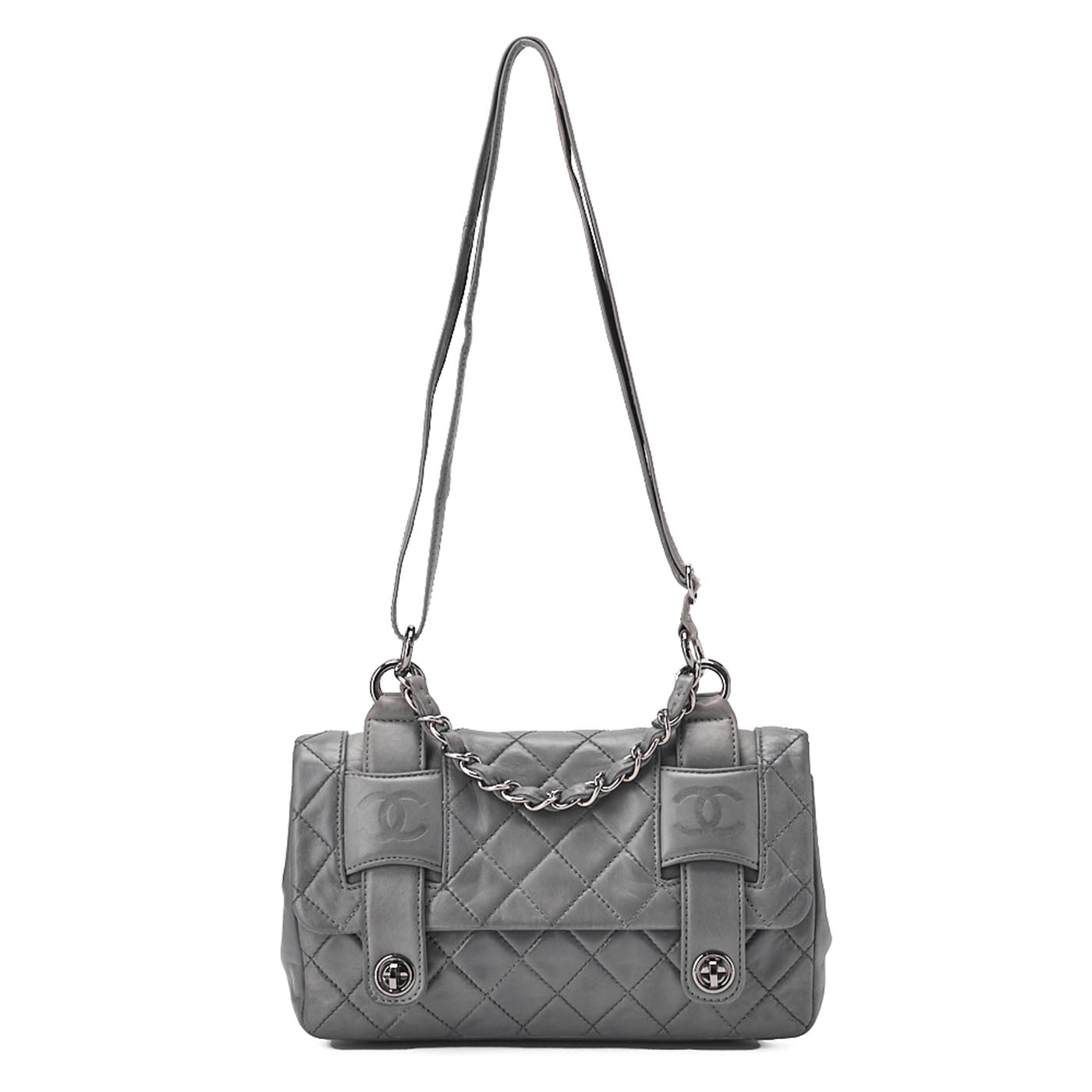 CHANEL Lambskin Matelasse Double Lock Shoulder Bag Grey Silver-Tone Hardware, Pre-Owned