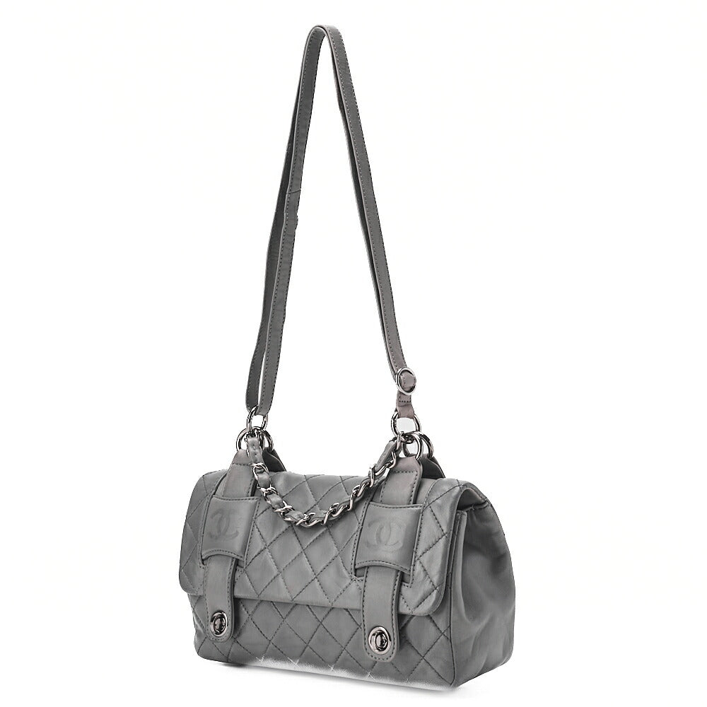 CHANEL Lambskin Matelasse Double Lock Shoulder Bag Grey Silver-Tone Hardware, Pre-Owned