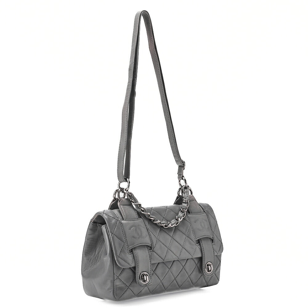 CHANEL Lambskin Matelasse Double Lock Shoulder Bag Grey Silver-Tone Hardware, Pre-Owned