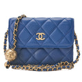 CHANEL Lambskin Mini Matelasse 12cm Single Chain Coin Case Blue Gold-Tone Hardware, Pre-Owned