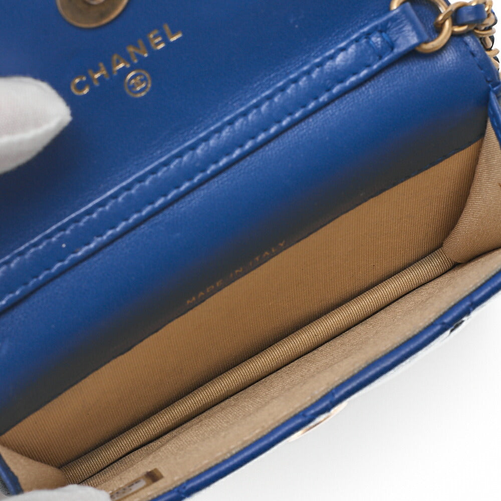 CHANEL Lambskin Mini Matelasse 12cm Single Chain Coin Case Blue Gold-Tone Hardware, Pre-Owned