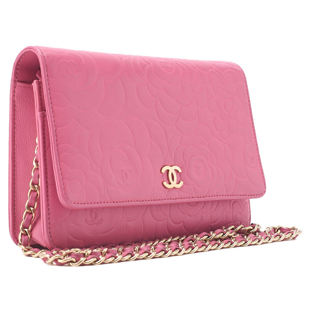 CHANEL Shoulder Bag Chain Wallet Lambskin Pink Gold-Tone Hardware, Pre-Owned