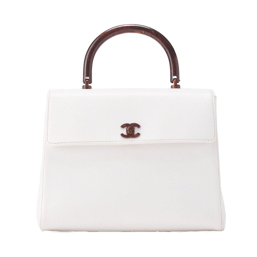 CHANEL Wood Handle Handbag Kelly Shape Wood Pattern Caviar Skin White Gold-Tone Hardware, Pre-Owned