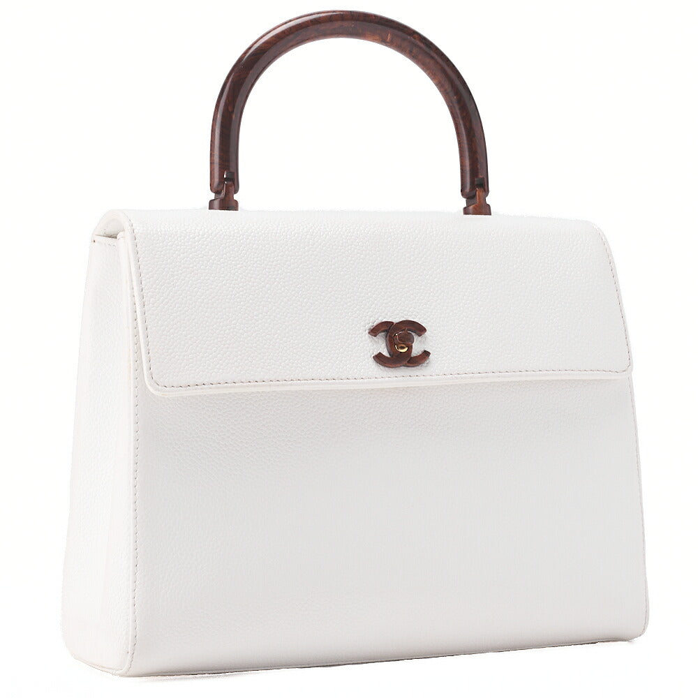 CHANEL Wood Handle Handbag Kelly Shape Wood Pattern Caviar Skin White Gold-Tone Hardware, Pre-Owned