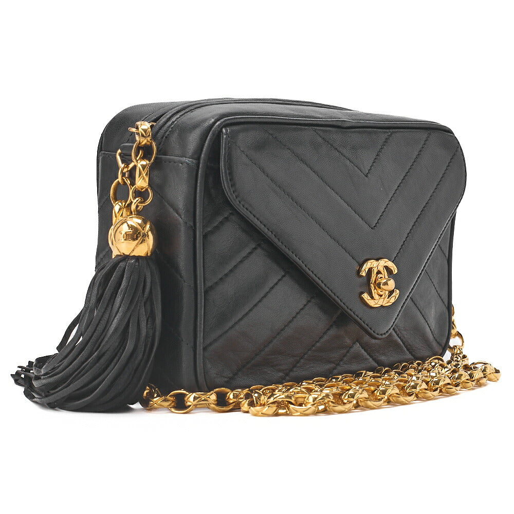 CHANEL Lambskin V-Stitch Flap Fringe Bijou Chain Shoulder Lambskin Black Gold-Tone Hardware, Pre-Owned