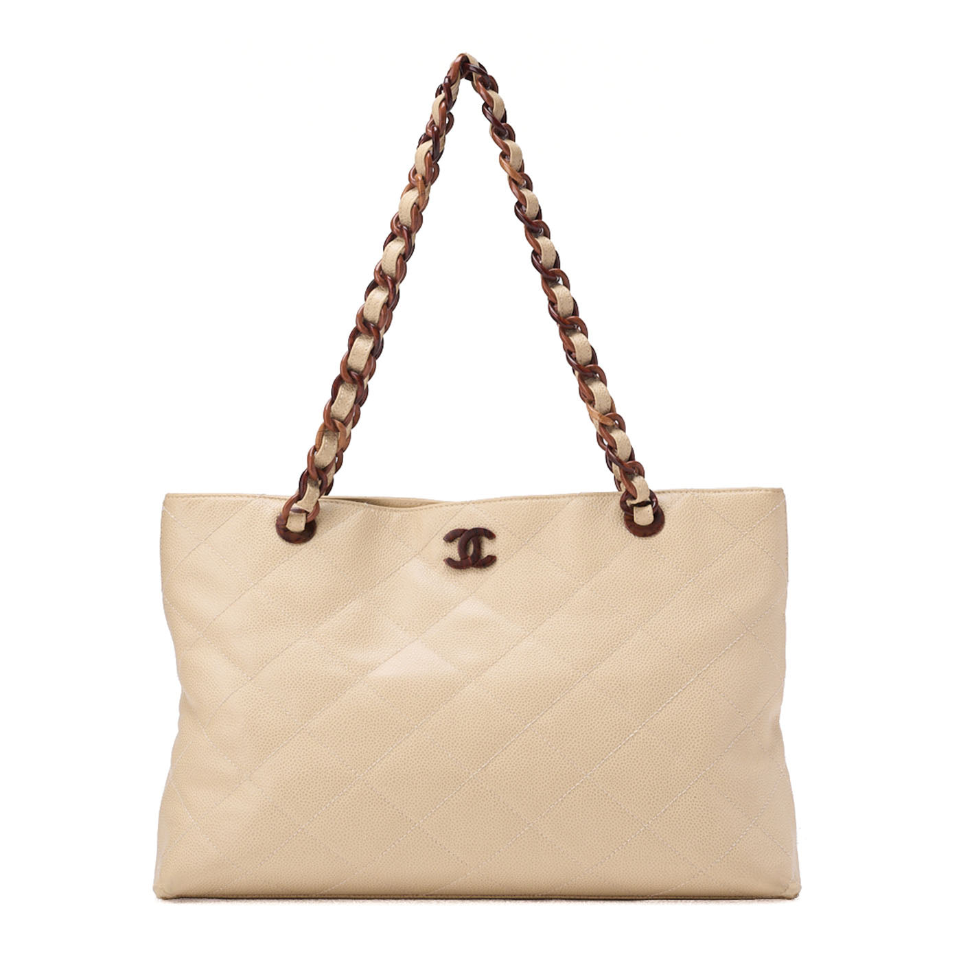 CHANEL Caviar Skin Tortoise Wood Chain Tote Bag Beige Gold-Tone Hardware, Pre-Owned