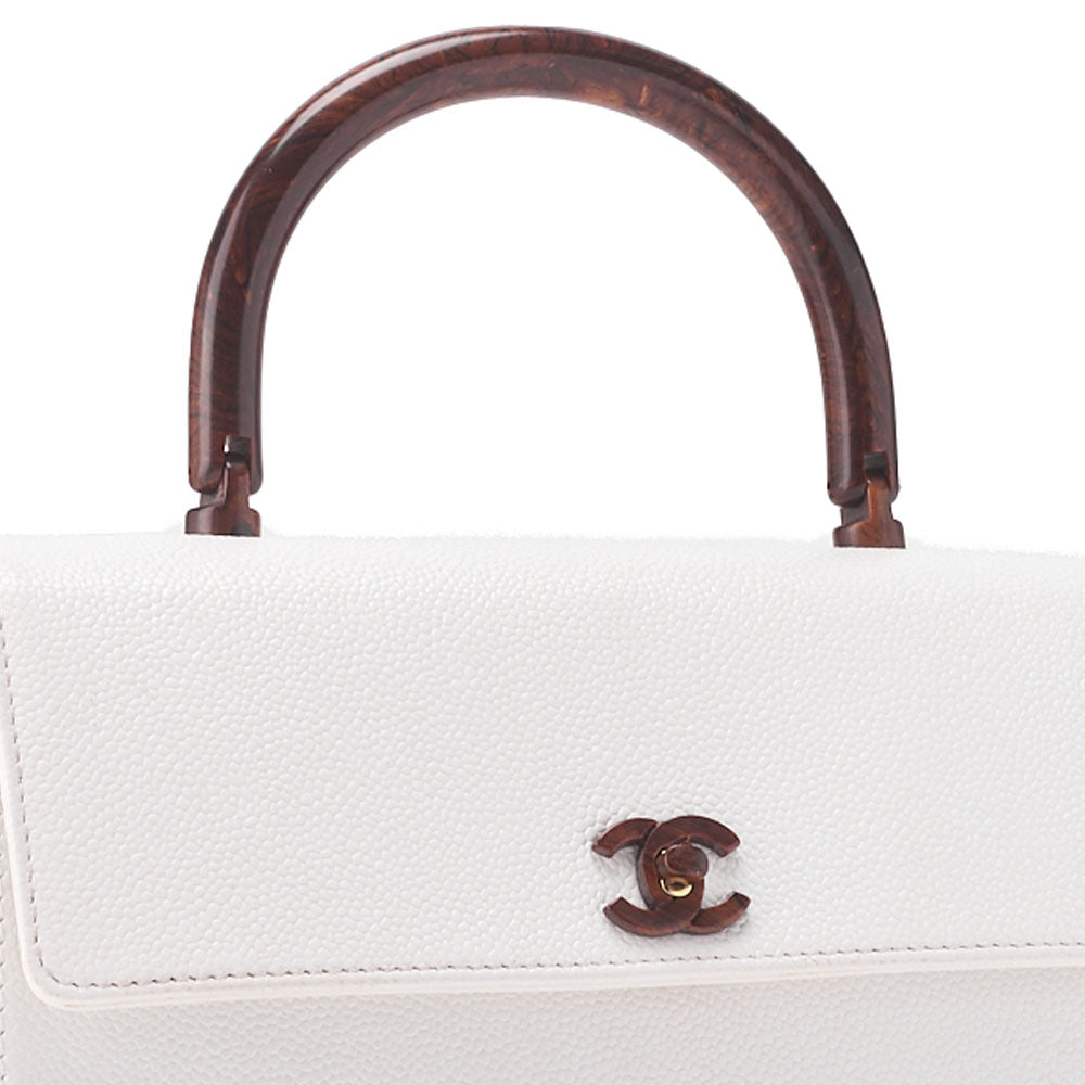 CHANEL Wood Handle Handbag Kelly Shape Wood Pattern Caviar Skin White Gold-Tone Hardware, Pre-Owned