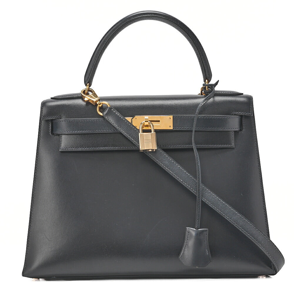 HERMES Kelly 28 Box Calf Outer Stitching 2way Handbag Navy Gold-Tone Hardware, Pre-Owned