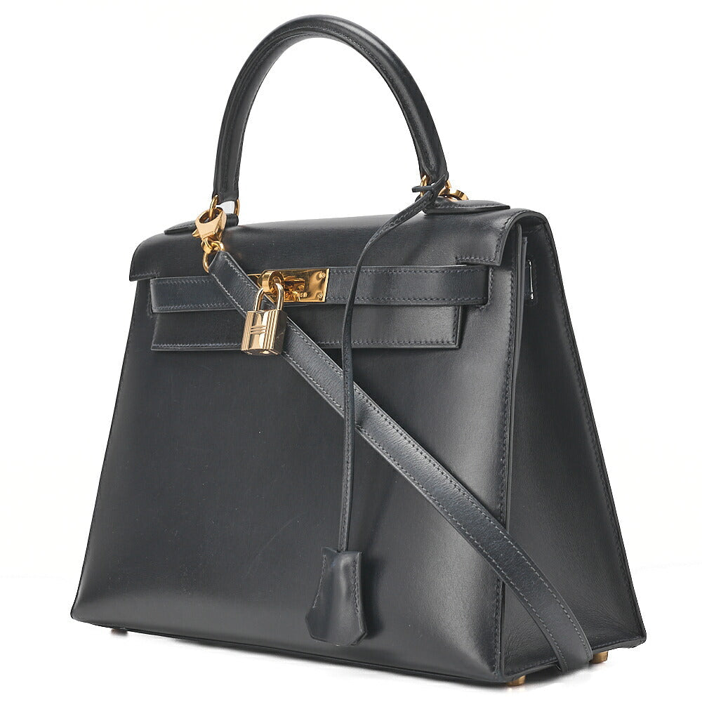 HERMES Kelly 28 Box Calf Outer Stitching 2way Handbag Navy Gold-Tone Hardware, Pre-Owned