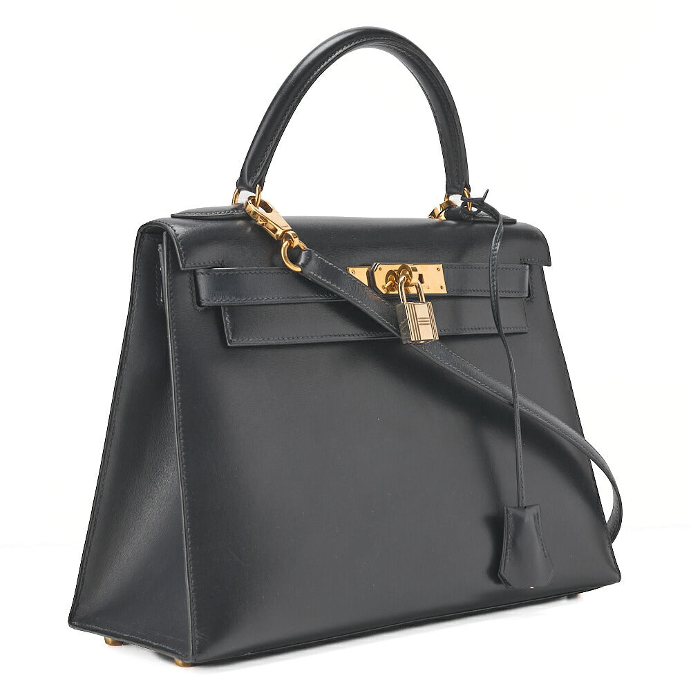 HERMES Kelly 28 Box Calf Outer Stitching 2way Handbag Navy Gold-Tone Hardware, Pre-Owned