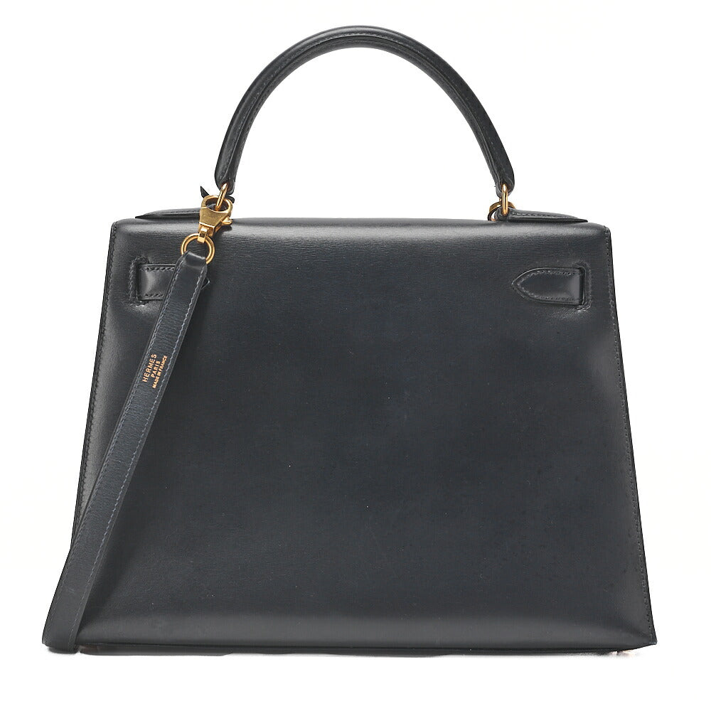 HERMES Kelly 28 Box Calf Outer Stitching 2way Handbag Navy Gold-Tone Hardware, Pre-Owned
