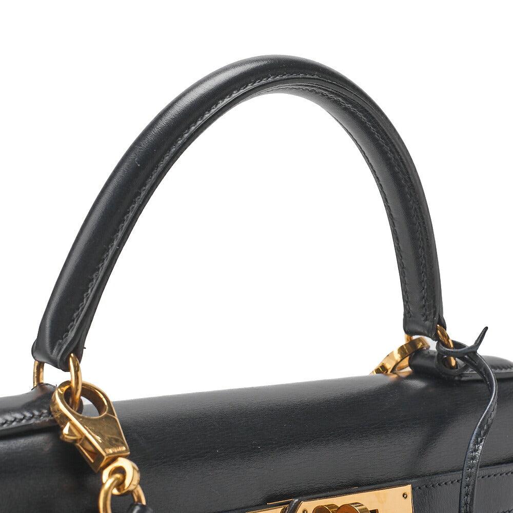 HERMES Kelly 28 Box Calf Outer Stitching 2way Handbag Navy Gold-Tone Hardware, Pre-Owned