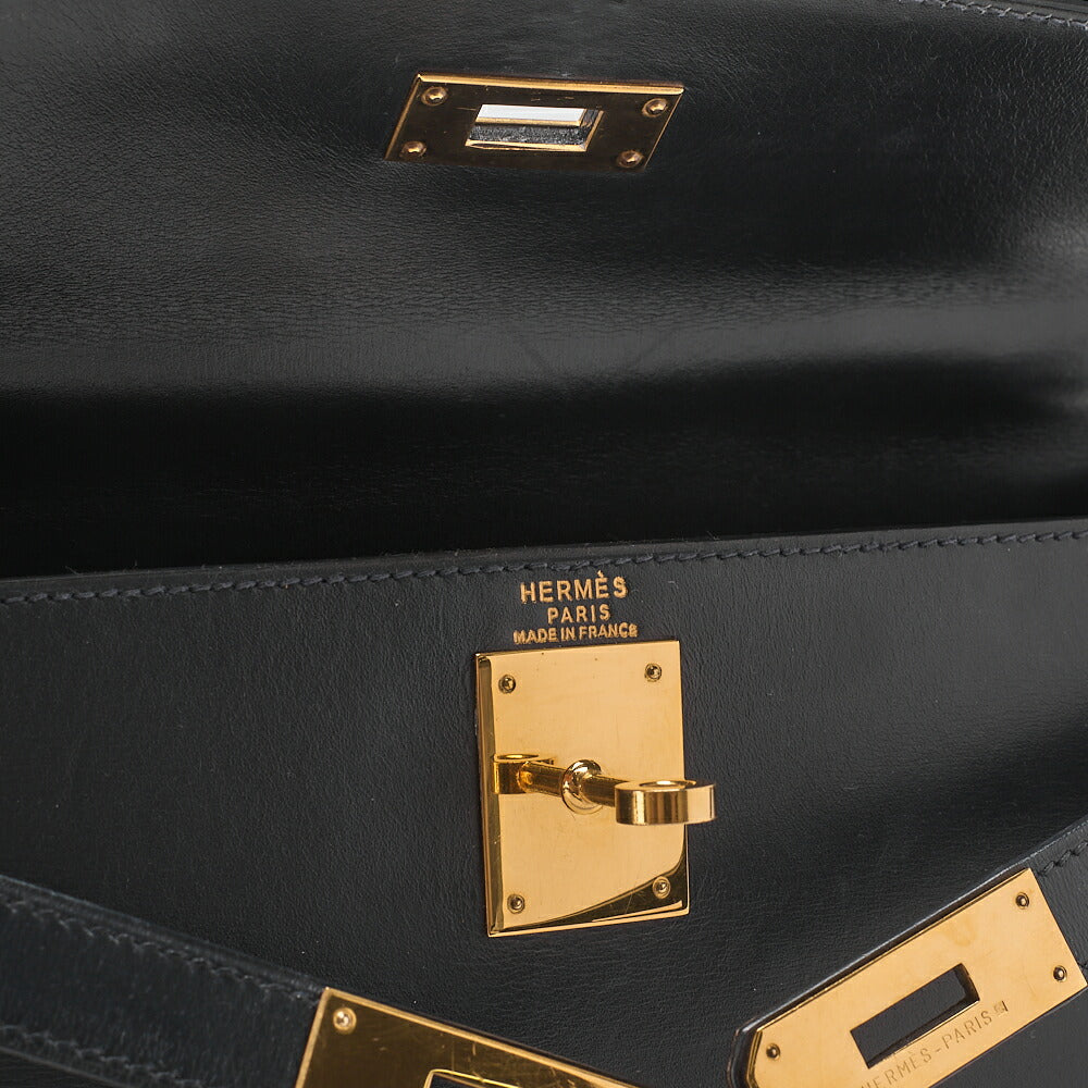 HERMES Kelly 28 Box Calf Outer Stitching 2way Handbag Navy Gold-Tone Hardware, Pre-Owned