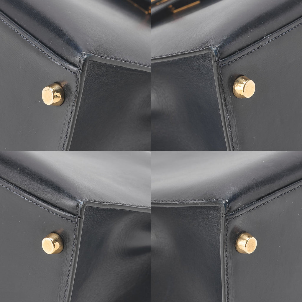 HERMES Kelly 28 Box Calf Outer Stitching 2way Handbag Navy Gold-Tone Hardware, Pre-Owned